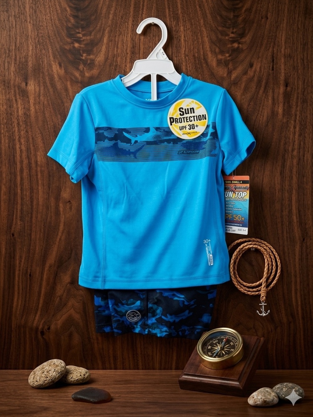 ZeroXposur Boys 2-Pc Swim Set Size 4 Blue Shark Camo Rash Guard Trunks UPF 30+